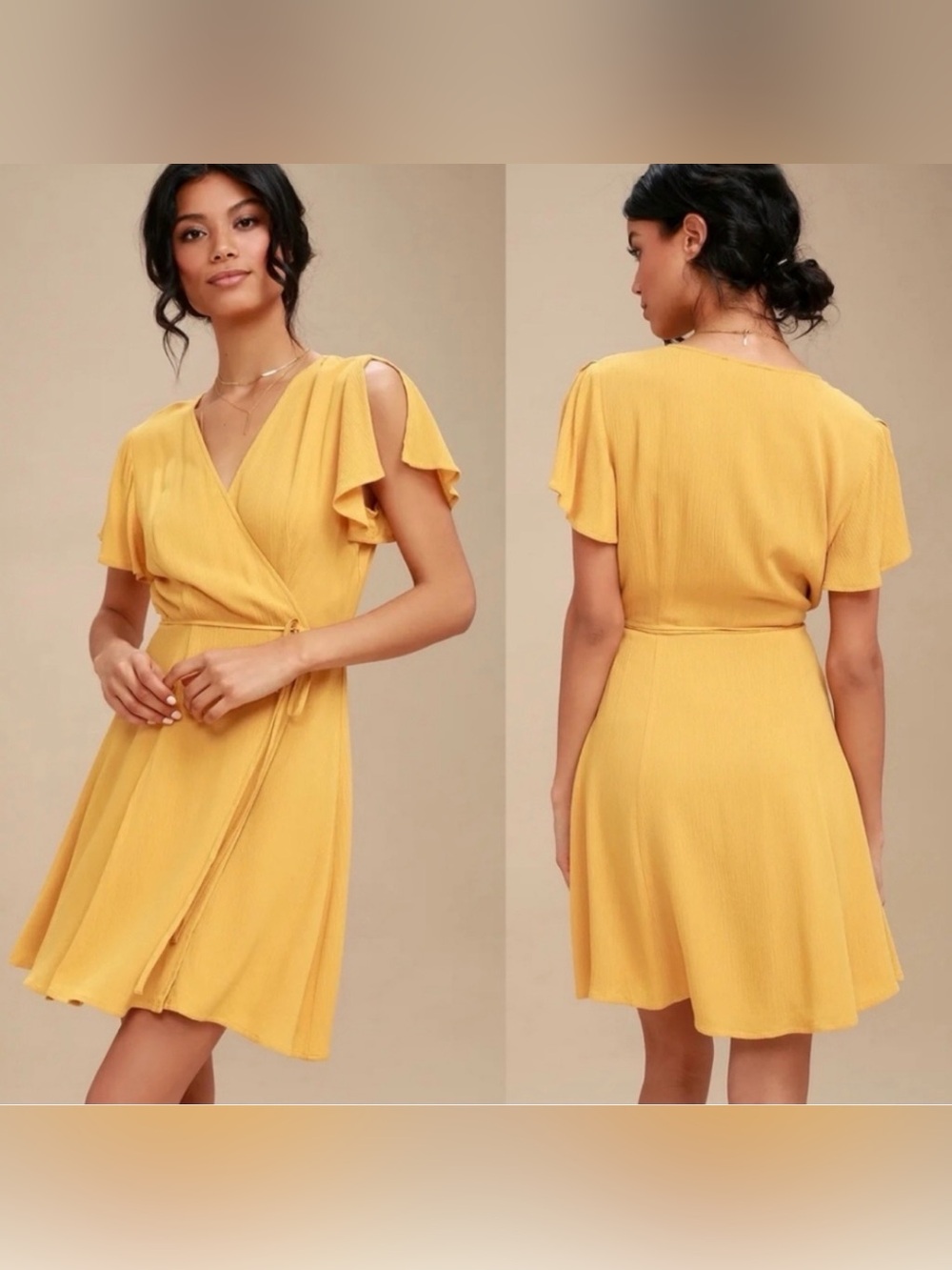 Lulus Mustard Yellow Wrap Mini Dress Size Medium Flutter Sleeve Tie Waist NWT